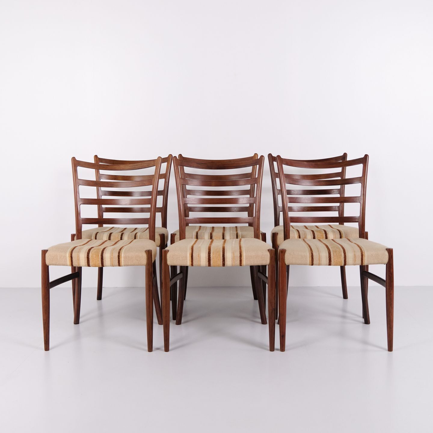 Set Of Six Dining Chairs   Rosewood & Striped Fabric   No Møller   Jl Møllers Furniture Factory   1960s
