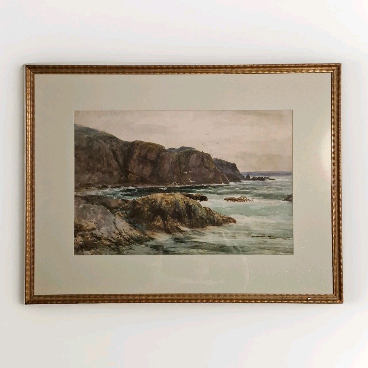 Large Antique Watercolour George Gray Scottish St Abbs Head Cliffs Aitken Dott