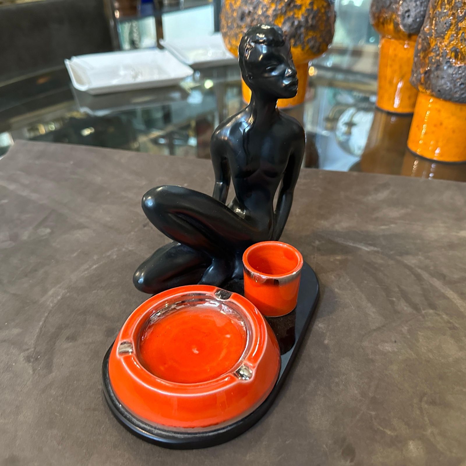 1950s Mid Century Modern Ceramic And Black Glass Italian Smoking Set photo Home Decor