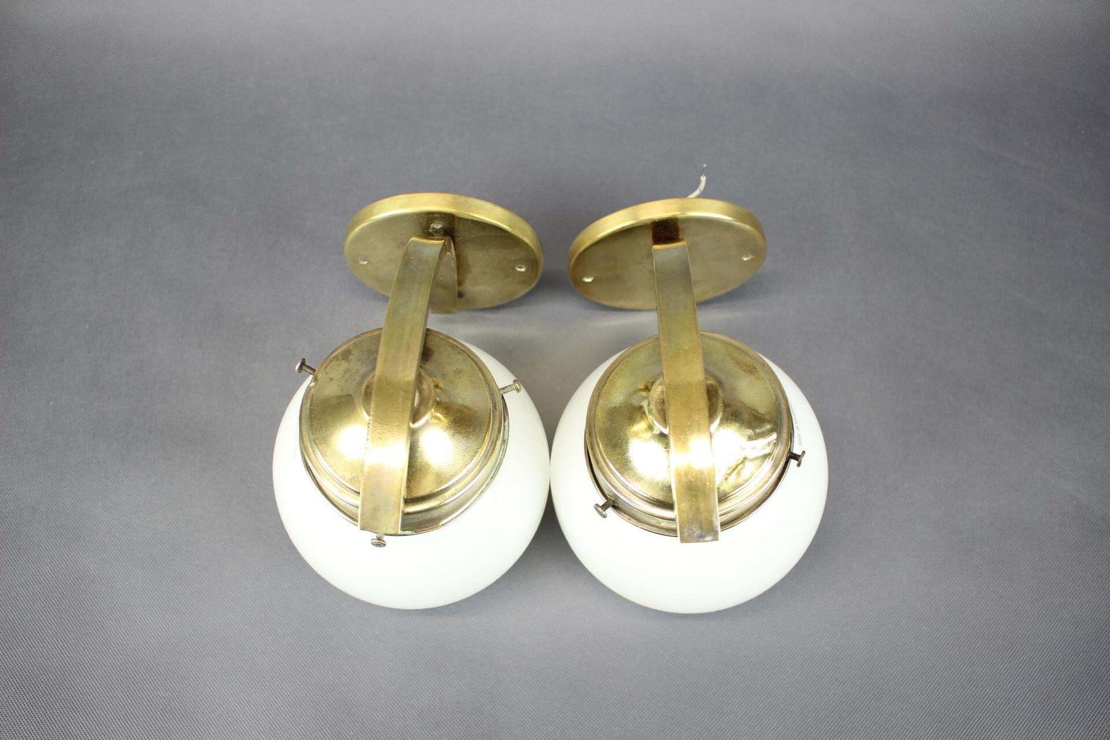 Pair Of Art Deco Brass Wall Lamps With Opaline Glass, Europe, 1930s photo vintage