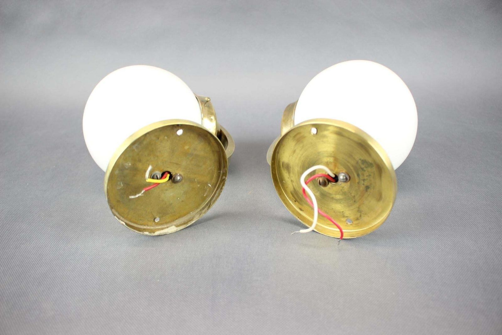 photo for sale Pair Of Art Deco Brass Wall Lamps With Opaline Glass, Europe, 1930s