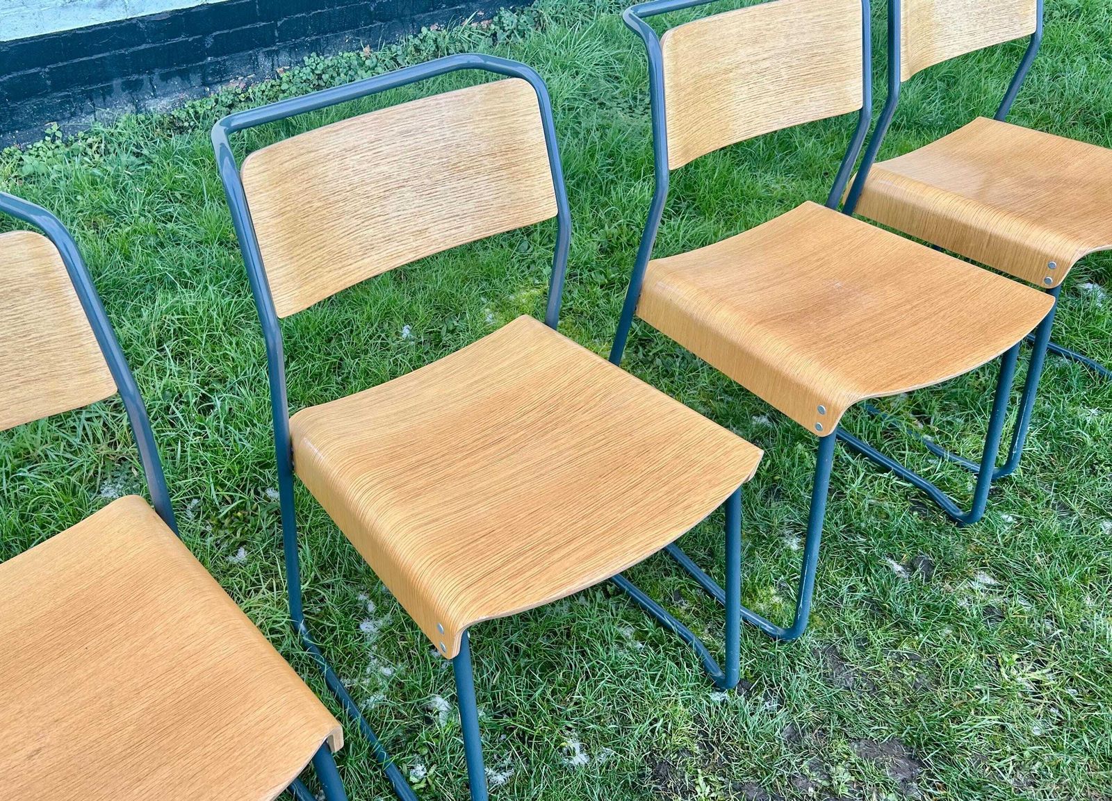 4 Available Very Good & Proper Canteen Stacking Chairs Vintage Industrial Wooden Kitchen Dining Seating School Grey photo Furniture