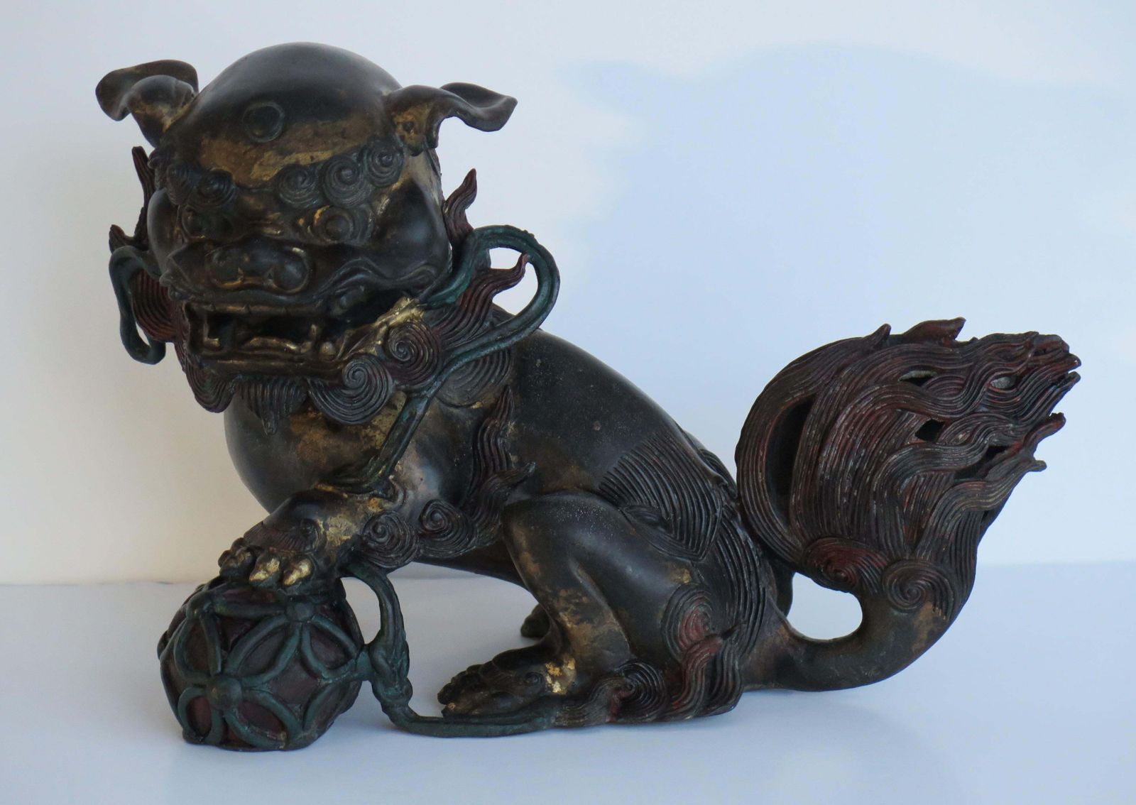 Antique Pair Large Chinese Bronze Foo Dogs Fine Detail Gilded & Enamelled, Qing 19th C photo Art