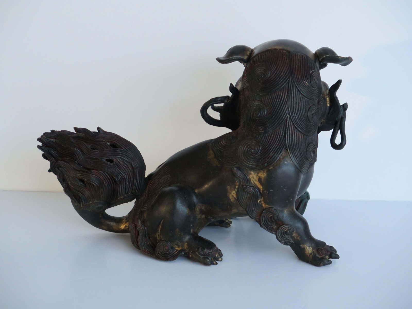 Antique Pair Large Chinese Bronze Foo Dogs Fine Detail Gilded & Enamelled, Qing 19th C photo vintage