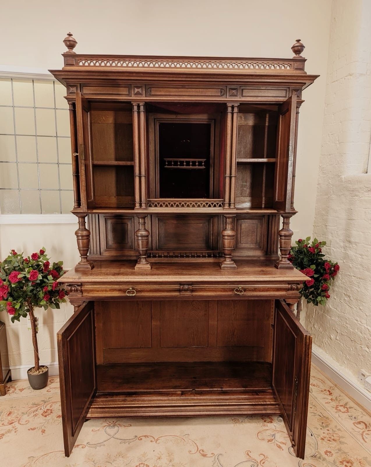 photo for sale Victorian Josselin French Carved Walnut Double Buffet Hunting Cabinet Circa 1880