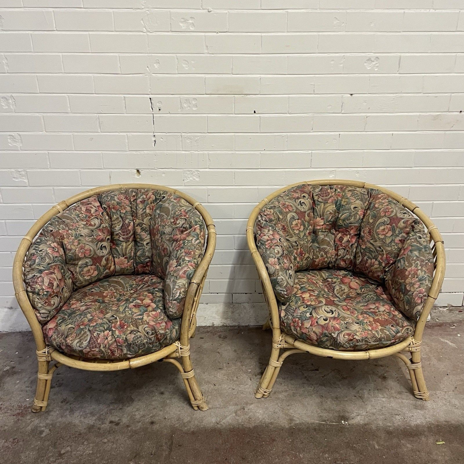 A Pair Of Attractive Rattan Wicker Low Curved Back Chairs. photo vinterior