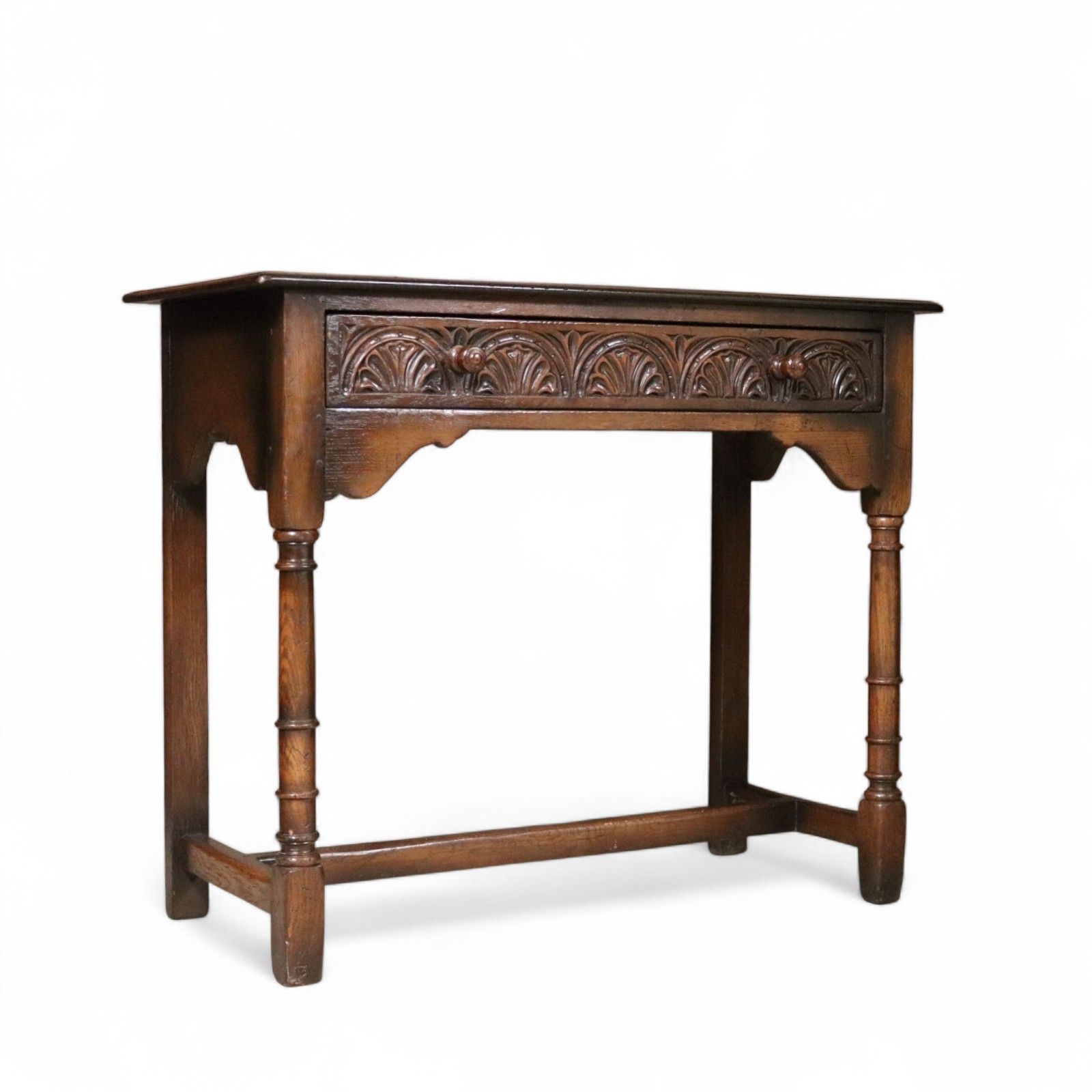 Early 20th Century Carved Oak Hall Table Bobbin Turned Tudor Style Antique Table photo vinterior