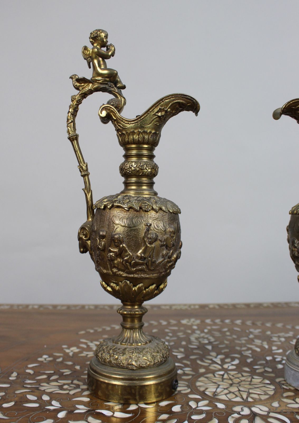 Pair Of 19th Century French Gilt Bronze Bacchanalian Ewers With Cherubs photo 850.0
