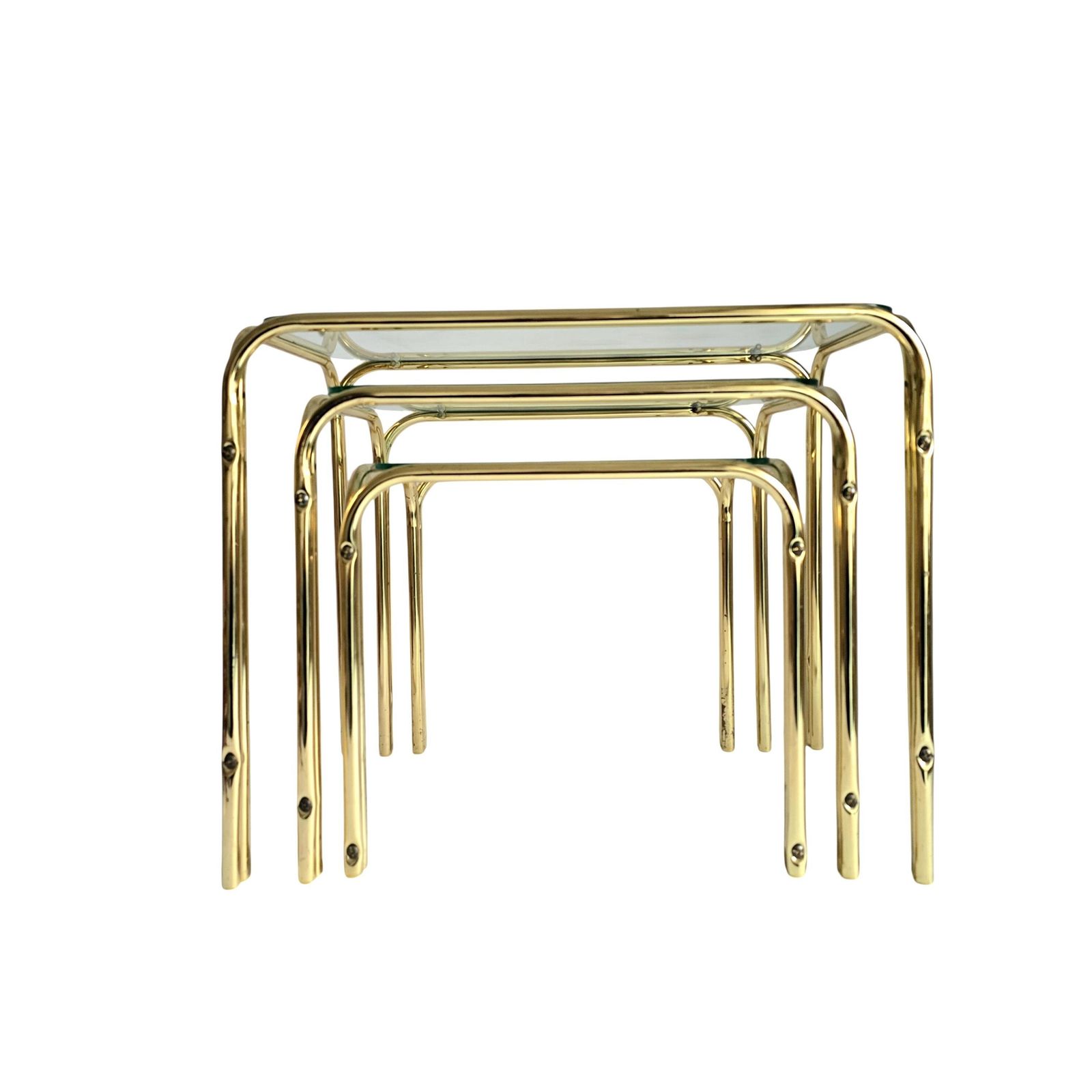Vintage Mid Century Modern Brass And Glass Nesting Table Set Of 3 photo for sale