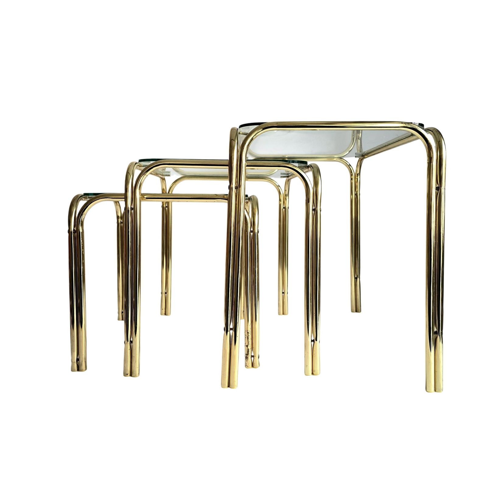Vintage Mid Century Modern Brass And Glass Nesting Table Set Of 3 photo Furniture