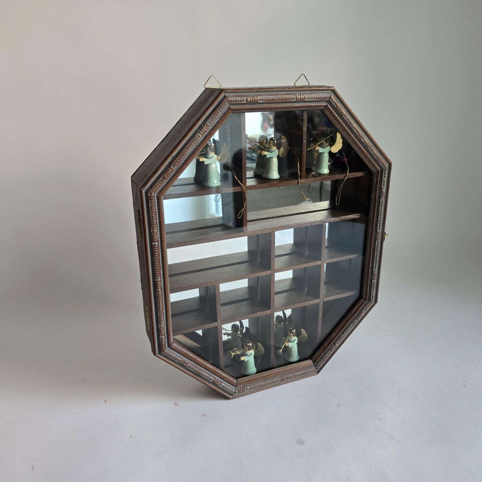 Vintage Wooden Display Cabinet, Mirrored Miniature Collector Shelf photo furniture