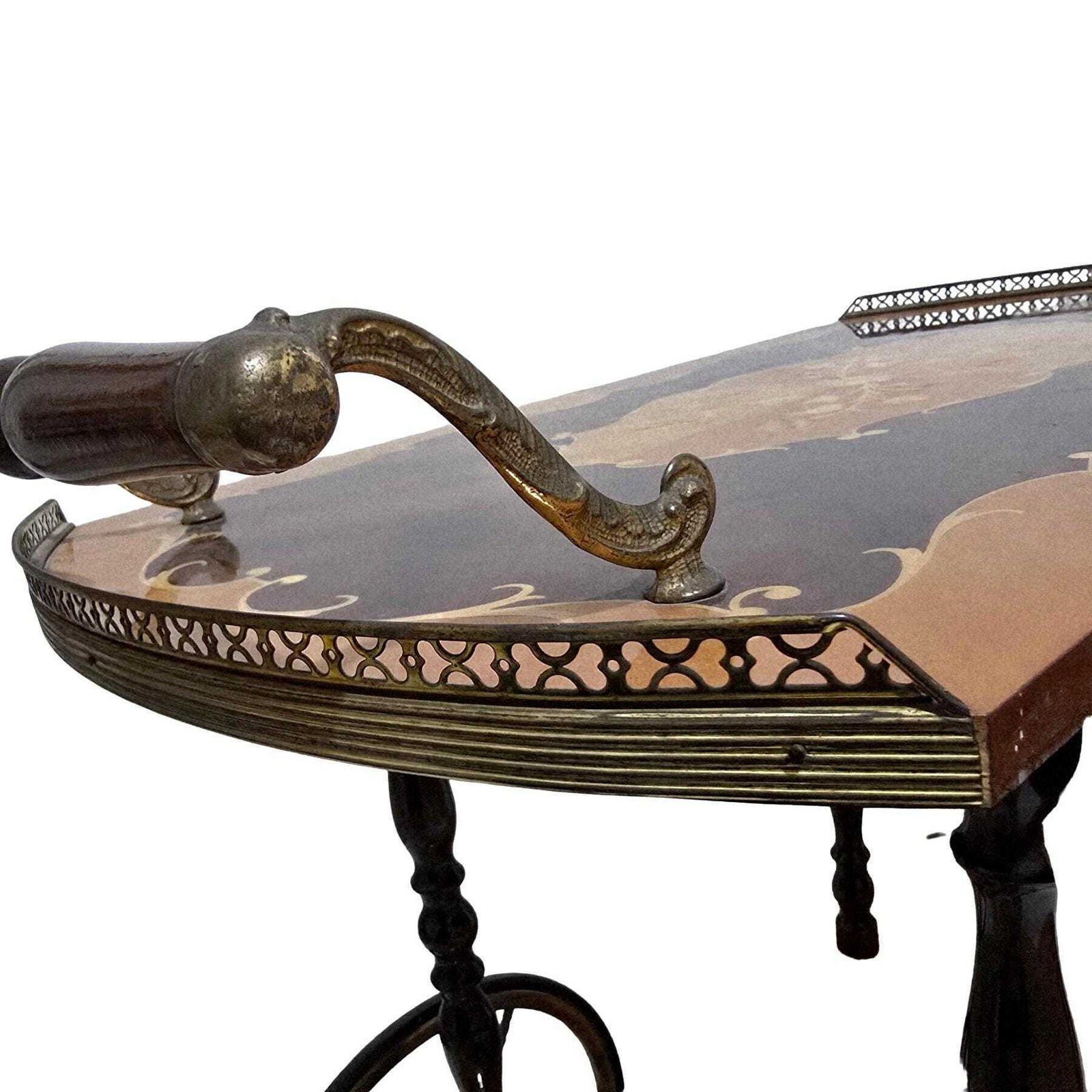 photo for sale Vintage Mid Century Modern Italian Marquetry Wood Bar Cart With Folding Top