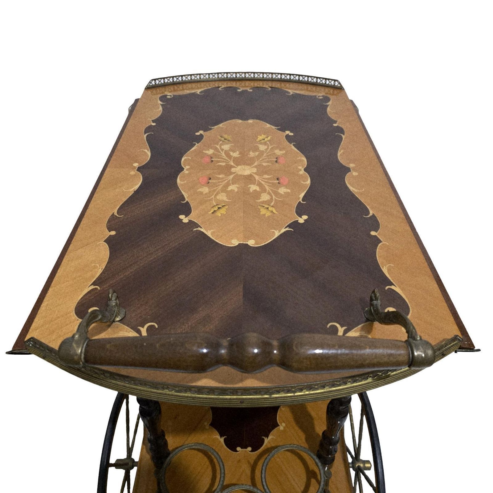 Furniture Vintage Mid Century Modern Italian Marquetry Wood Bar Cart With Folding Top photo