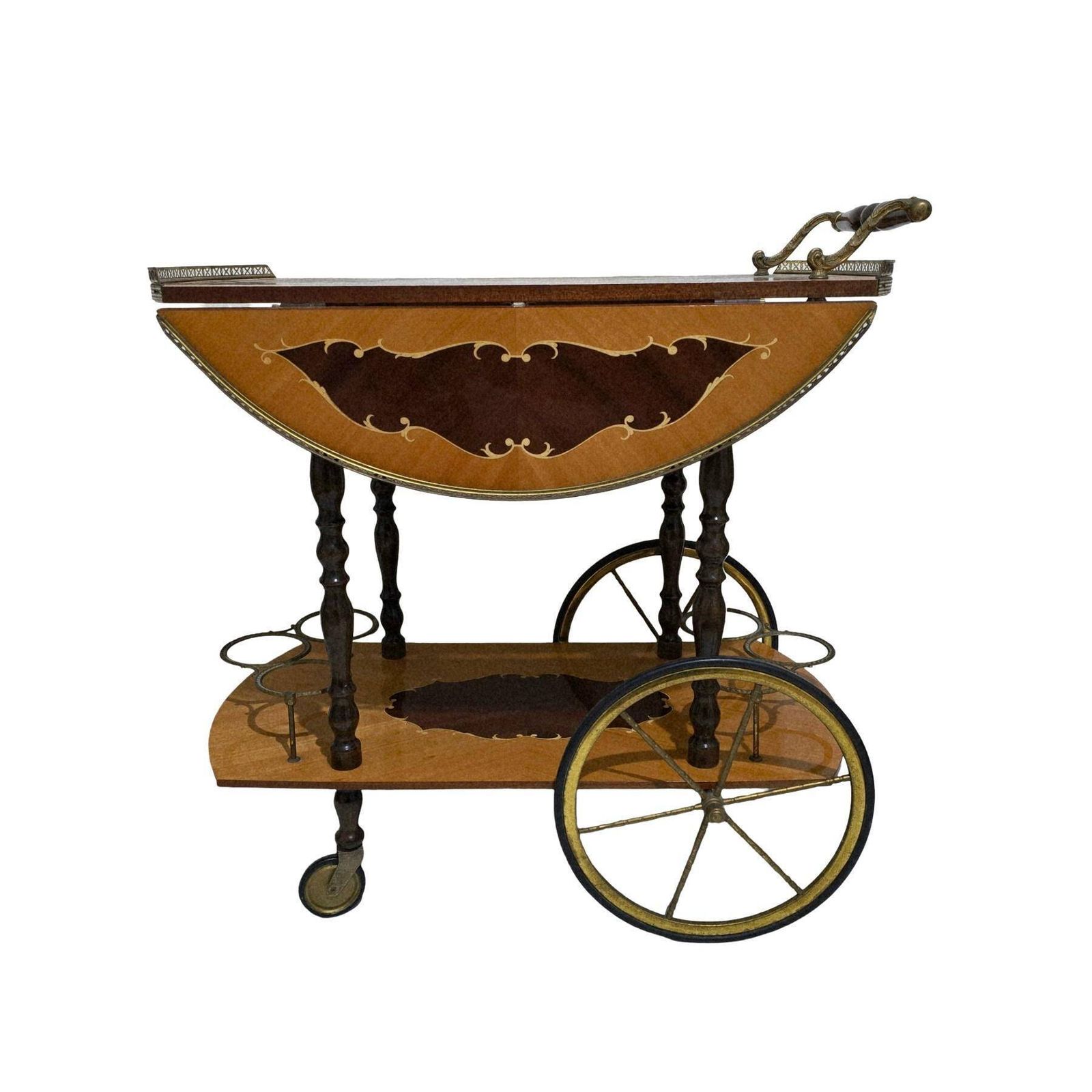 980.0 Vintage Mid Century Modern Italian Marquetry Wood Bar Cart With Folding Top photo