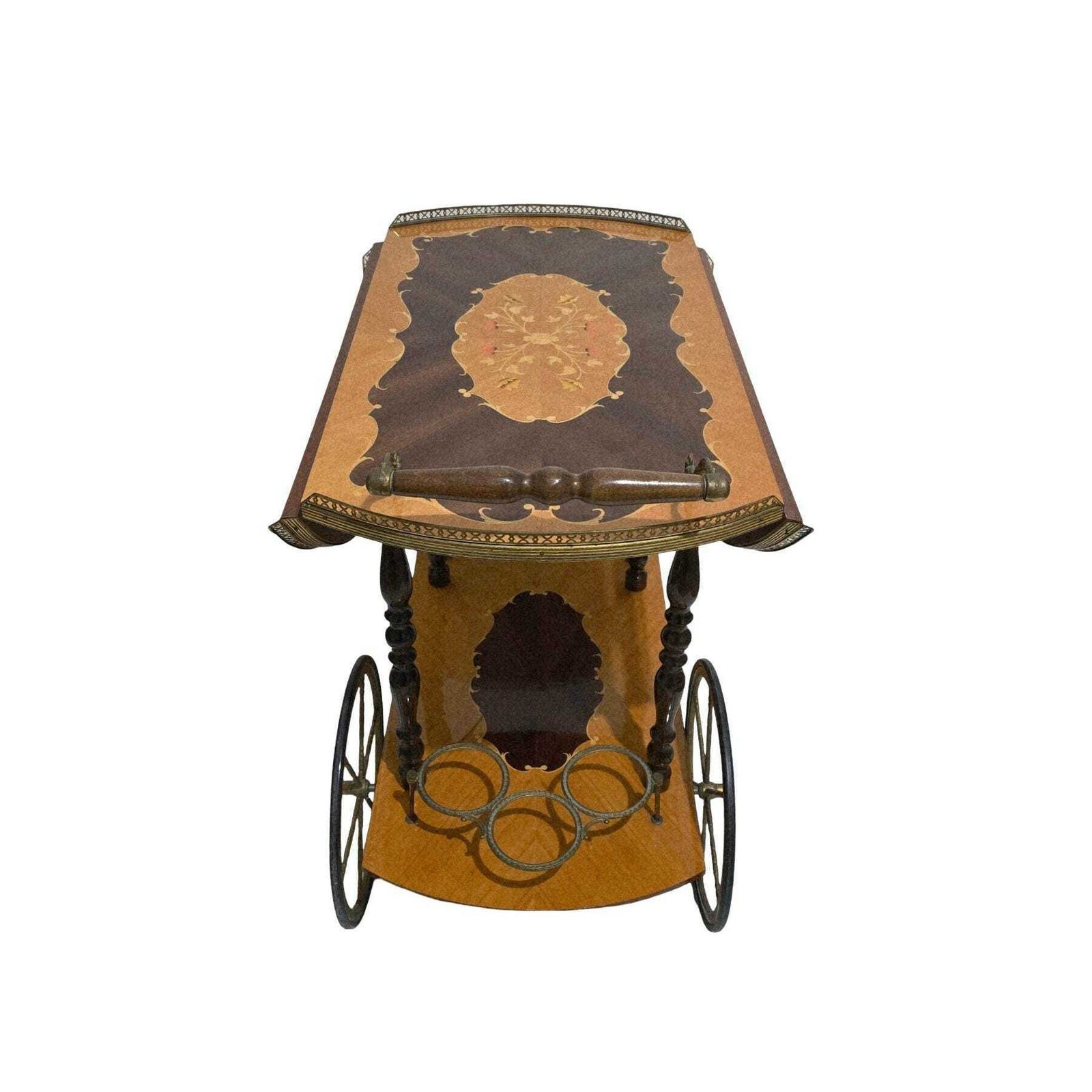 photo vinterior Vintage Mid Century Modern Italian Marquetry Wood Bar Cart With Folding Top