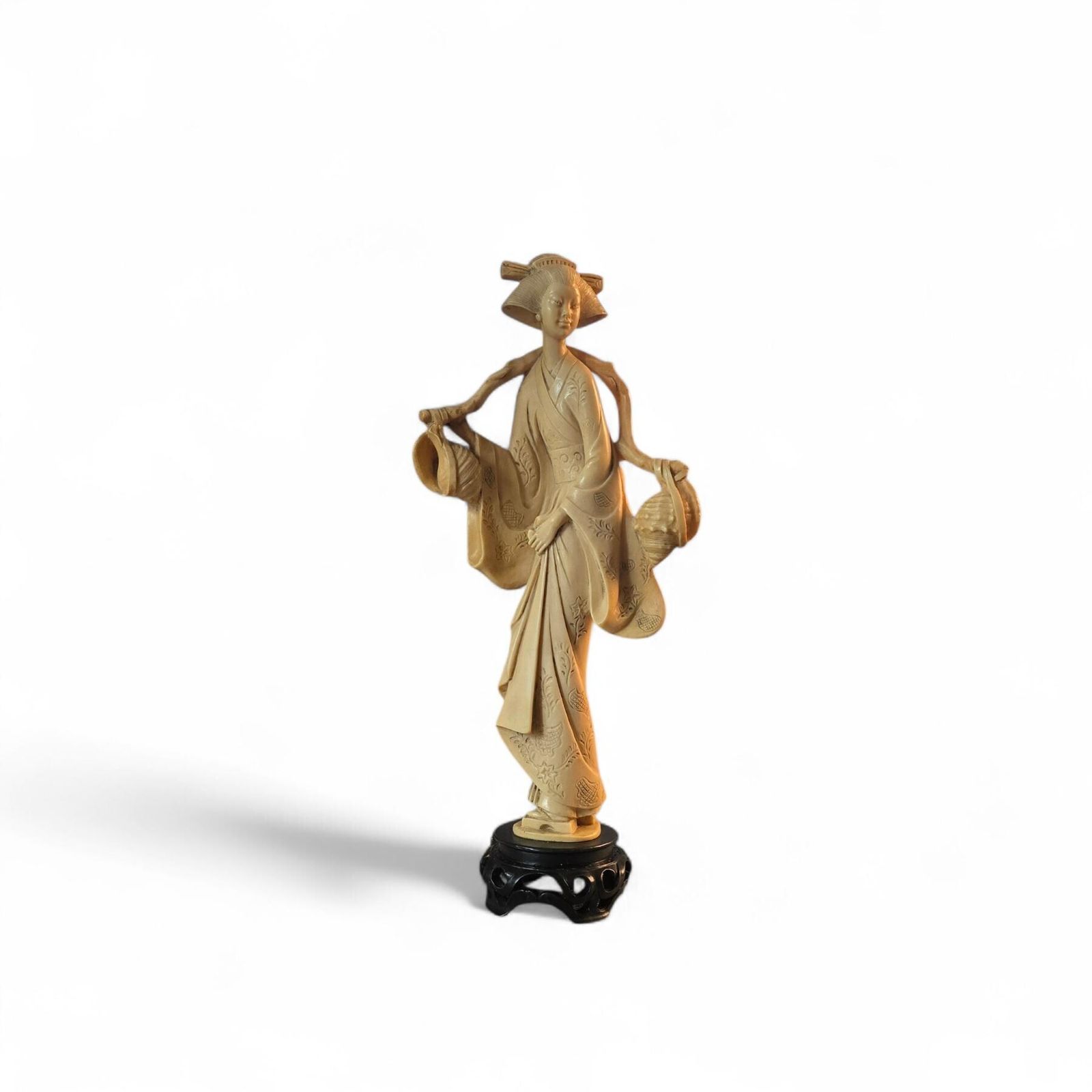 Vintage Asian Geisha Figurine, Resin Marble Dust, Carved Wood Stand photo furniture