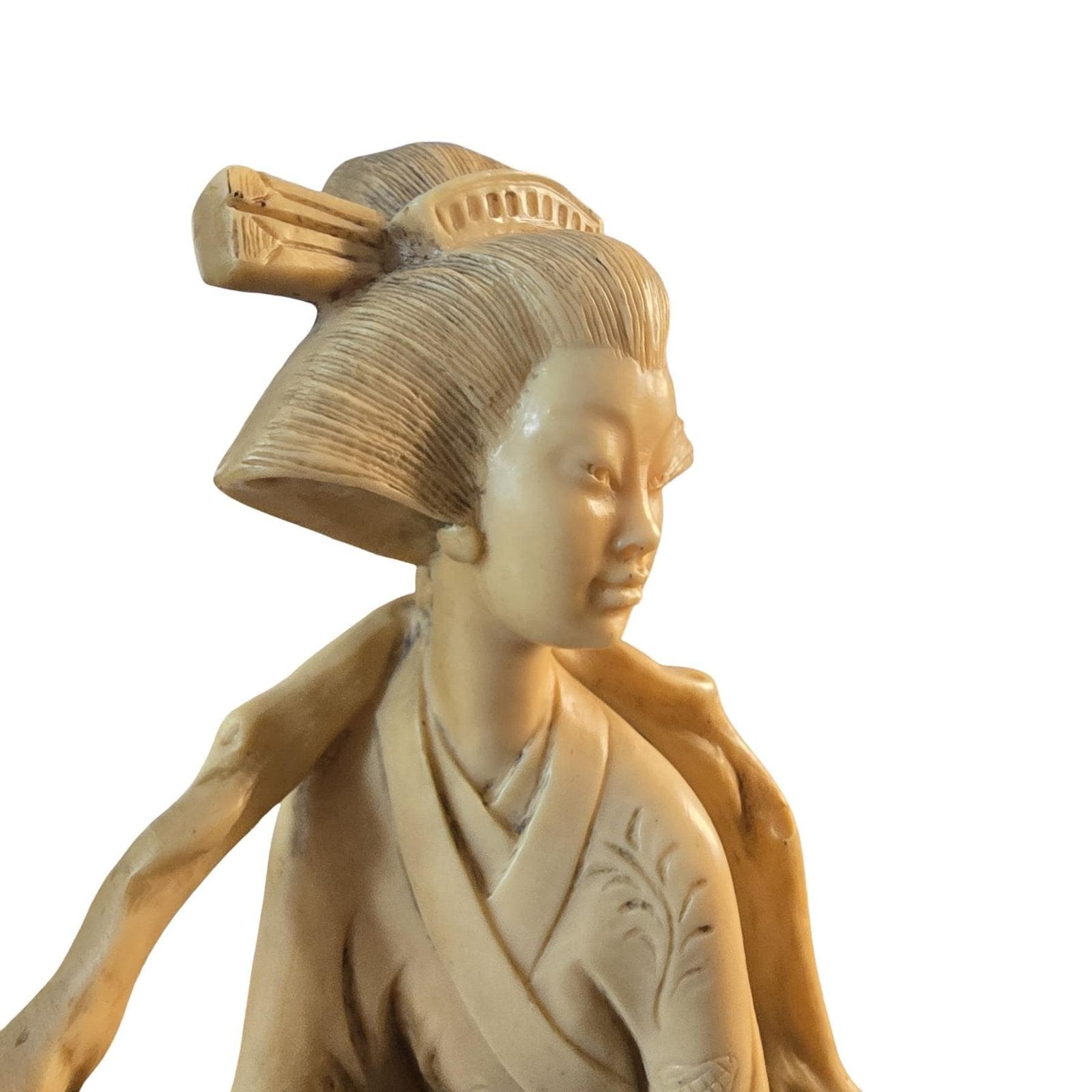 Vintage Asian Geisha Figurine, Resin Marble Dust, Carved Wood Stand photo vinterior