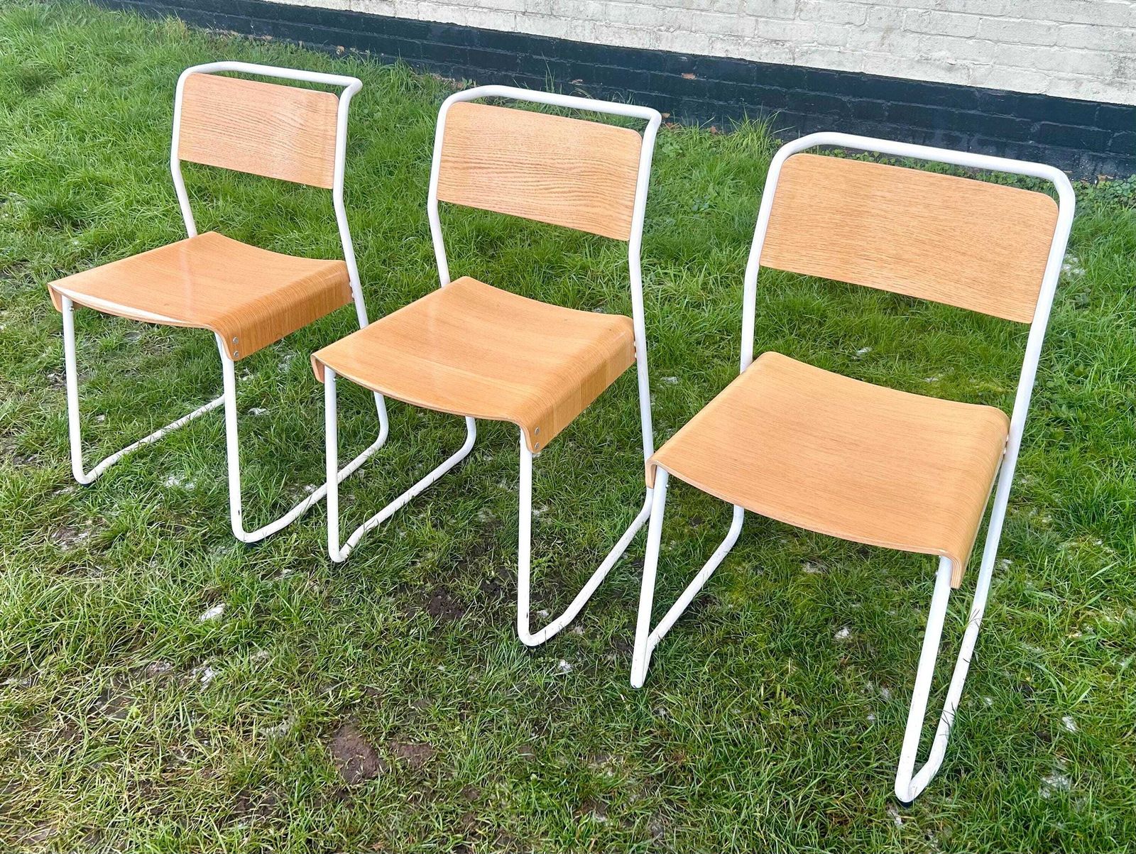 3 Available Very Good & Proper Canteen Stacking Chairs Vintage Industrial Wooden Kitchen Dining Seating School White