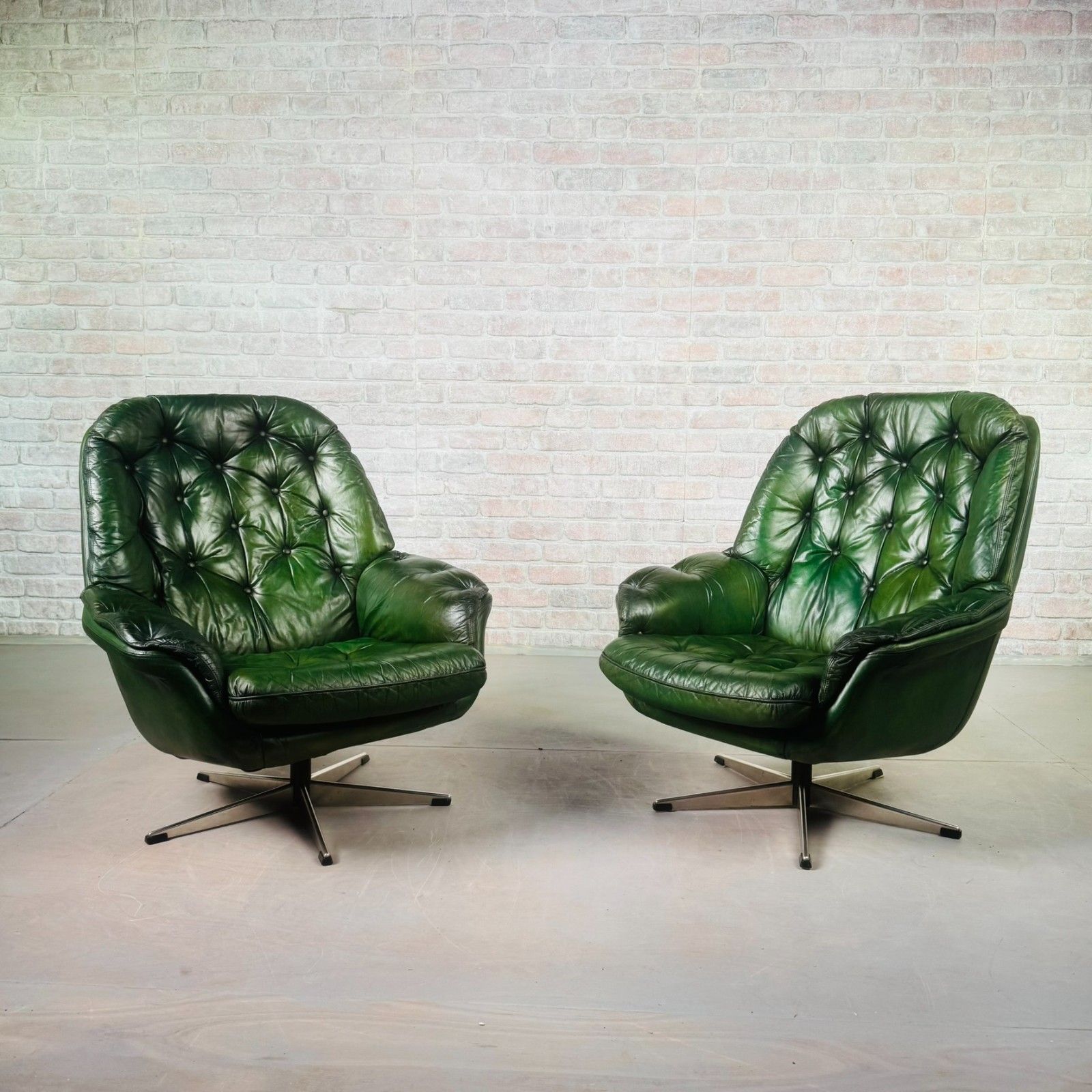 Pair Of Vintage Danish Green Leather Swivel Chairs #A826