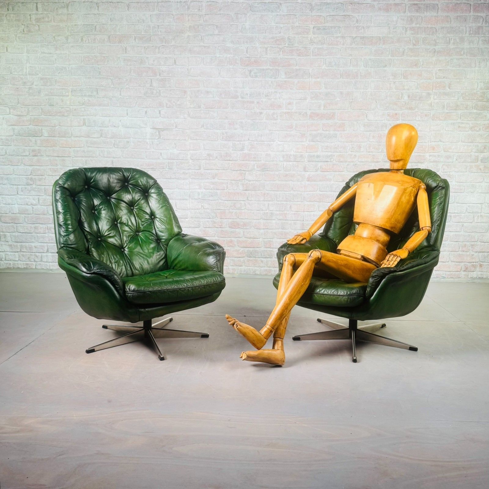 Pair Of Vintage Danish Green Leather Swivel Chairs #A826 photo furniture