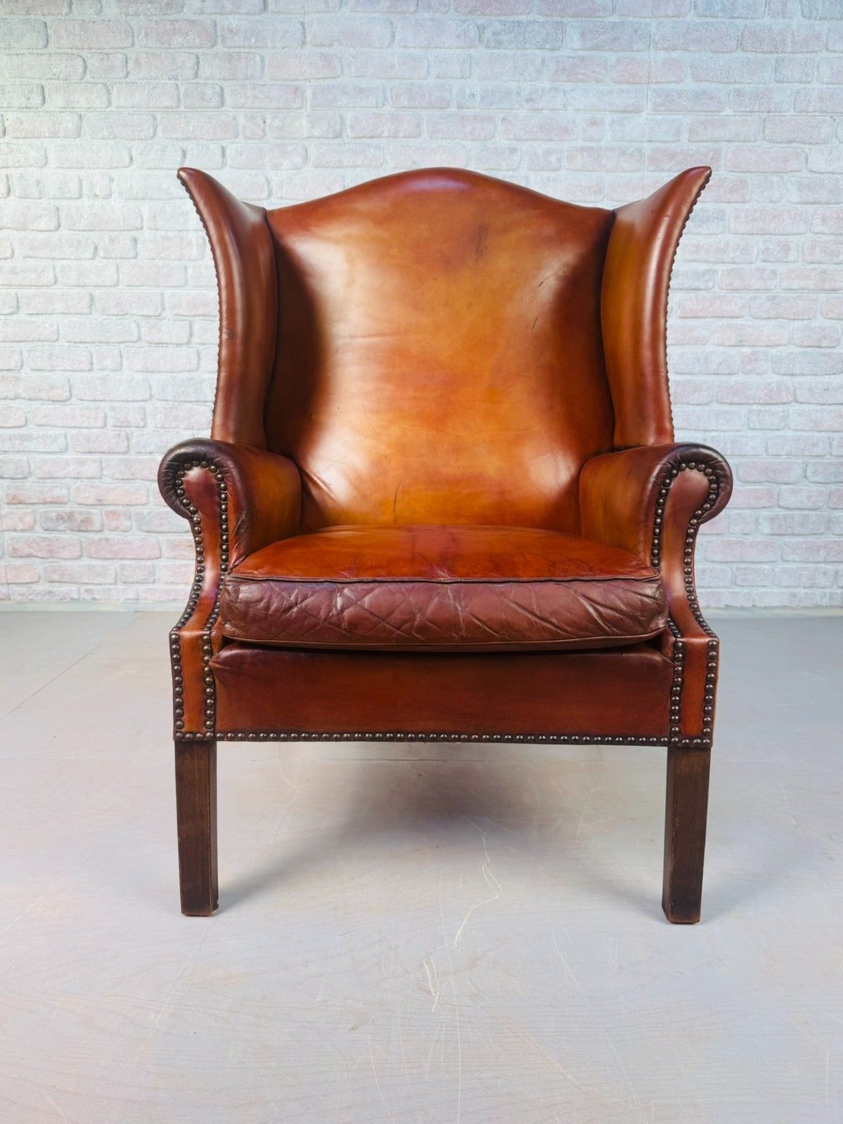 Vintage George III Style English Tan Leather Wingback Chair C.1940 #A834 photo vinterior