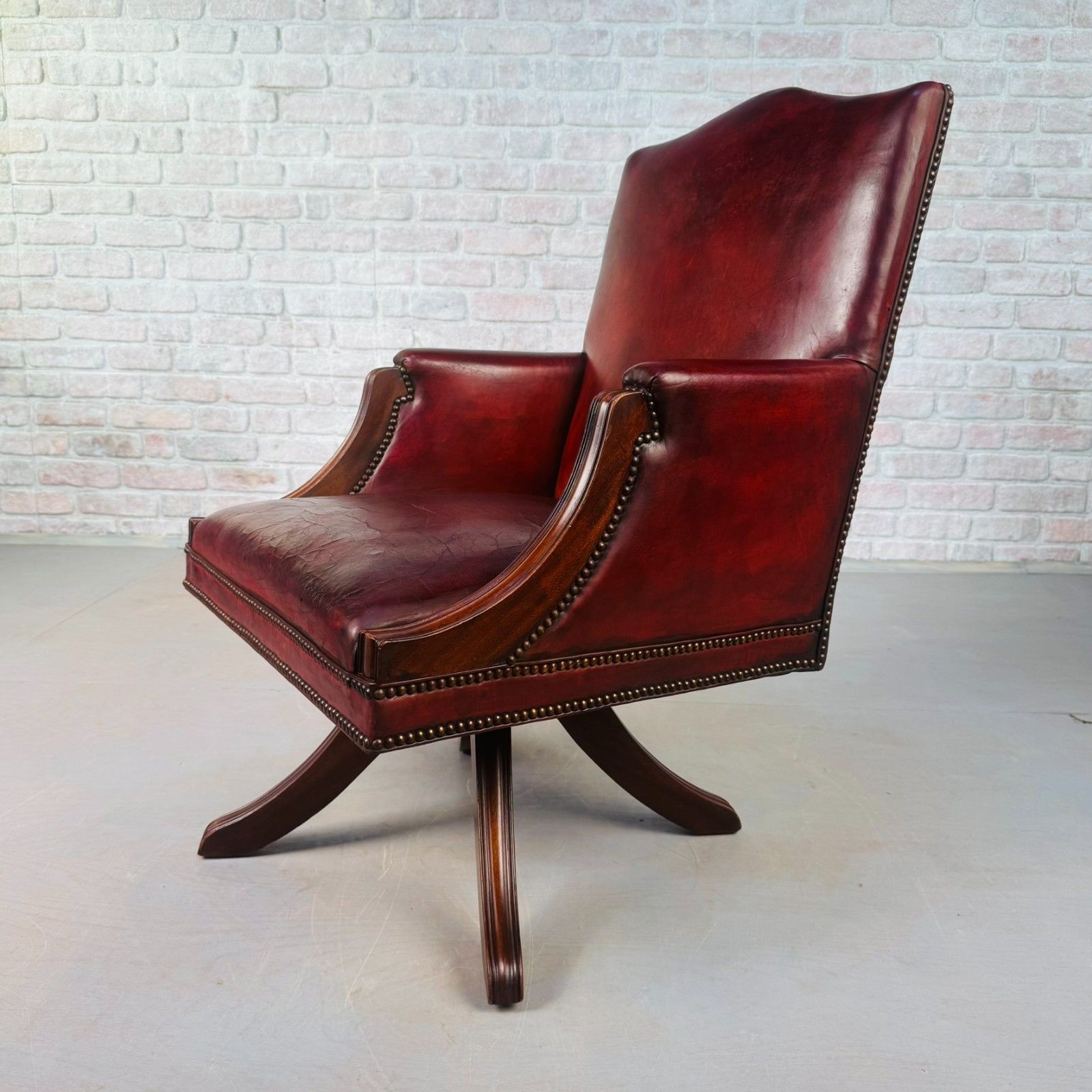 English Vintage Deep Red Leather Swivel Office Desk Chair #A833 photo Furniture