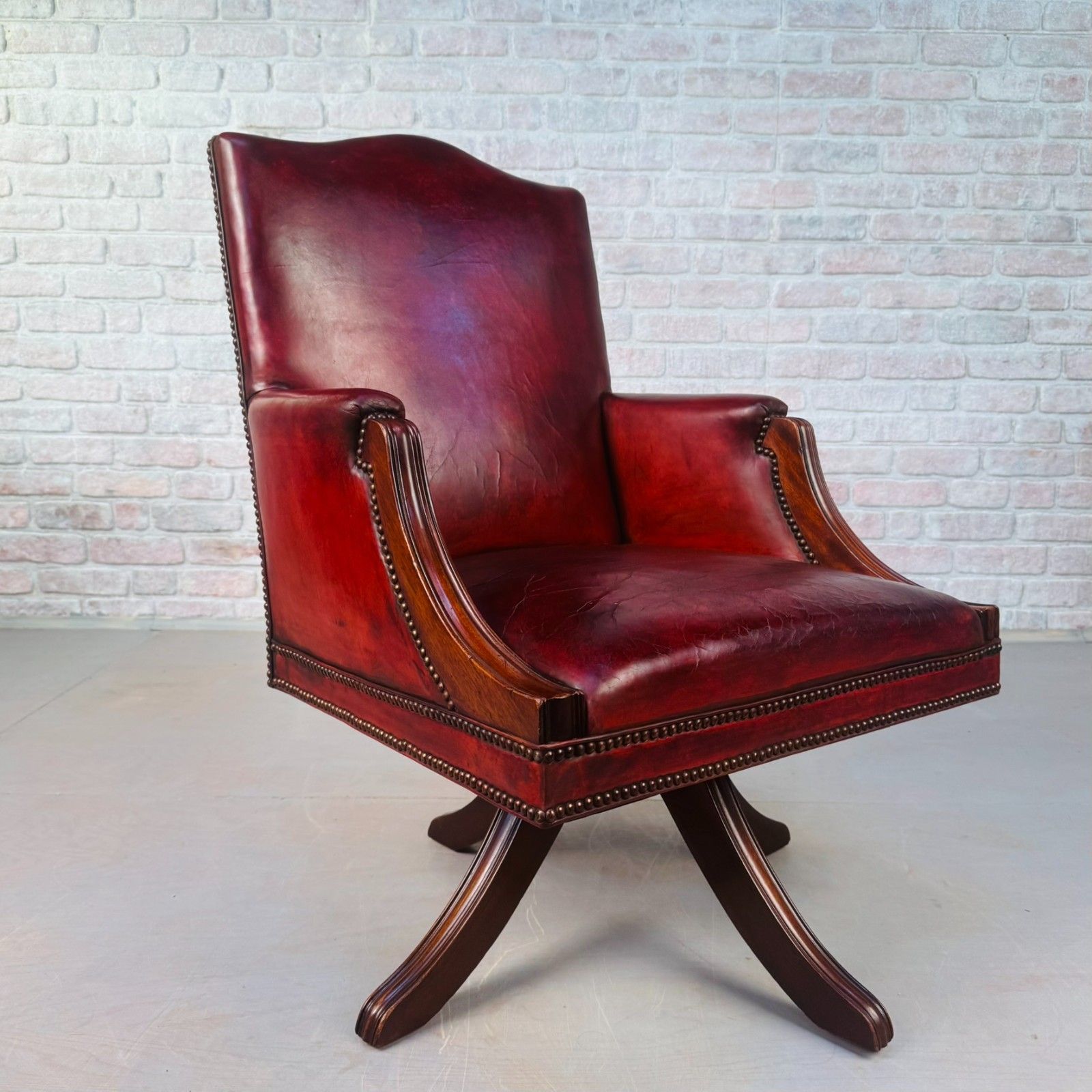 English Vintage Deep Red Leather Swivel Office Desk Chair #A833 photo 633.0