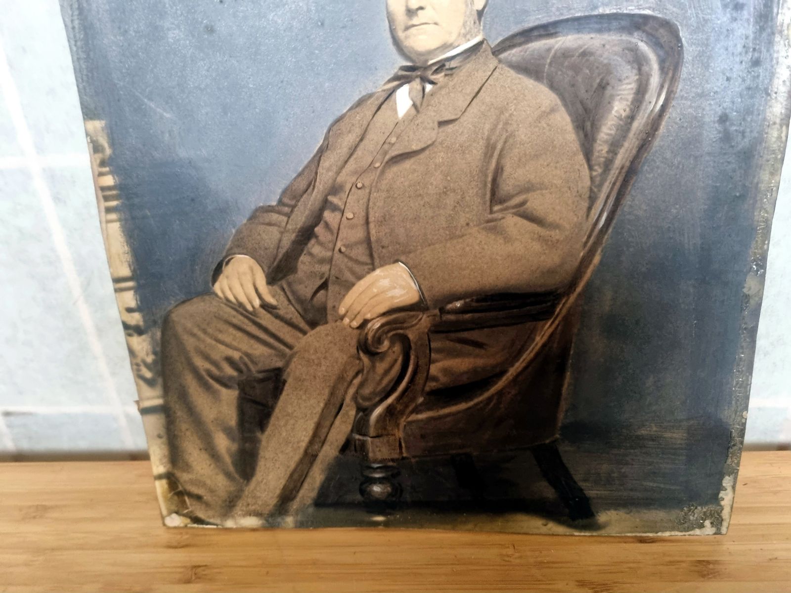 Antique Portrait Photograph Print, Gentleman Seated Chair Image, Oil Painted Over Photograph, 19th Century Wall Art photo 175.0