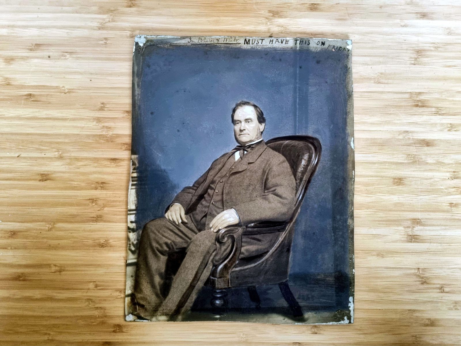 Antique Portrait Photograph Print, Gentleman Seated Chair Image, Oil Painted Over Photograph, 19th Century Wall Art photo vinterior