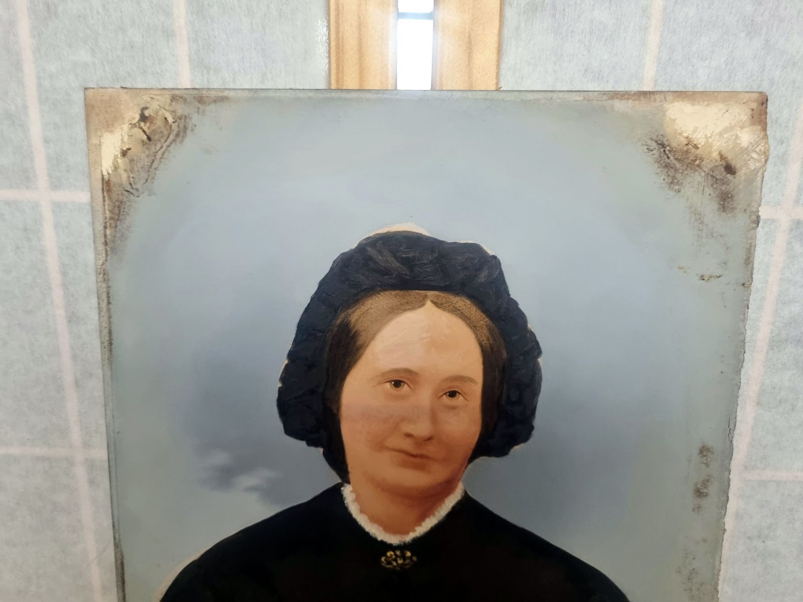 Antique Painted Portrait Panel, Oil Over Photograph, Female Portrait Art, Hand Painted Tintype Style photo for sale