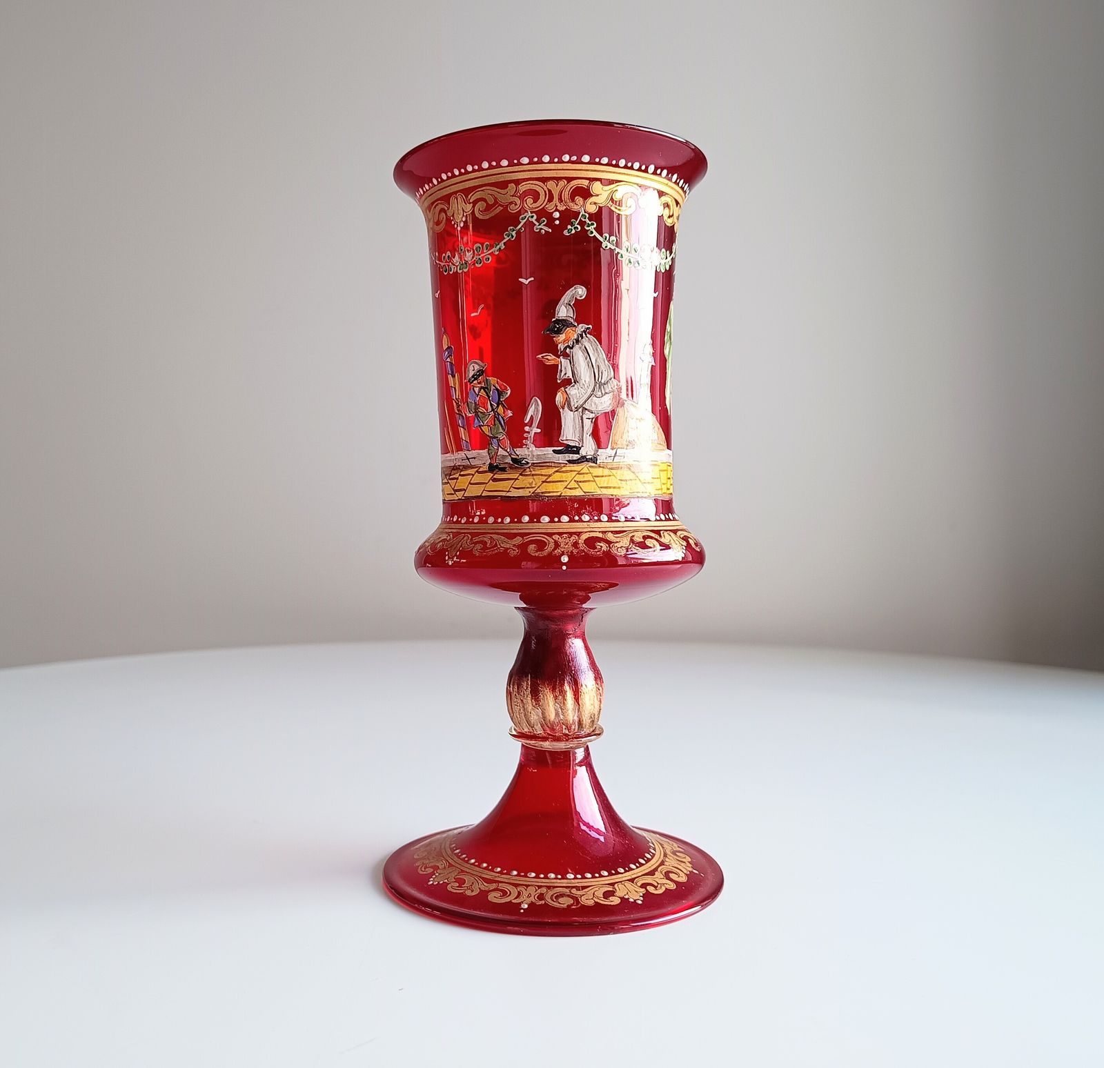 Venetian Ruby Chalice Goblet Vase, Hand Painted Comedia Del Arte, Salviati Style, Murano Art Glass photo furniture