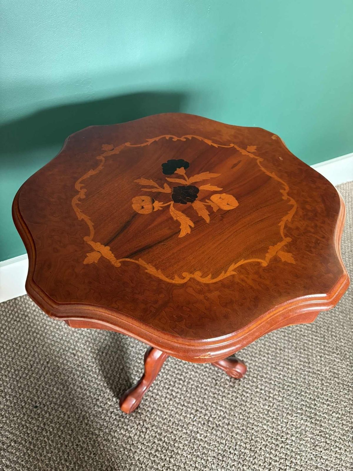 Antique Marquetry Tripod Side Table With Floral Inlay photo vintage