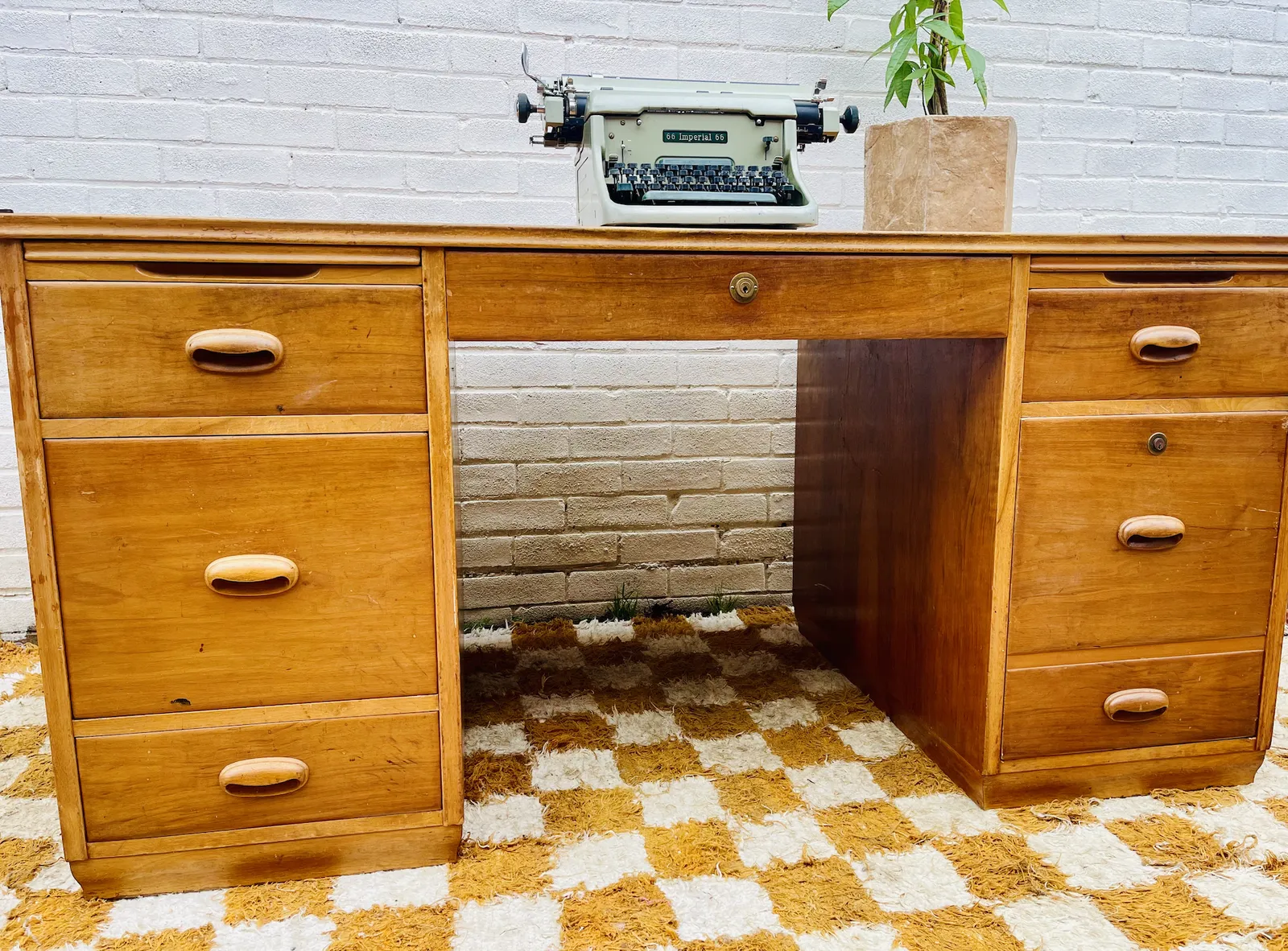 Mid Century, Solid Oak Swiss Directors Desk With Locking Drawers And Set Of Keys photo vinterior