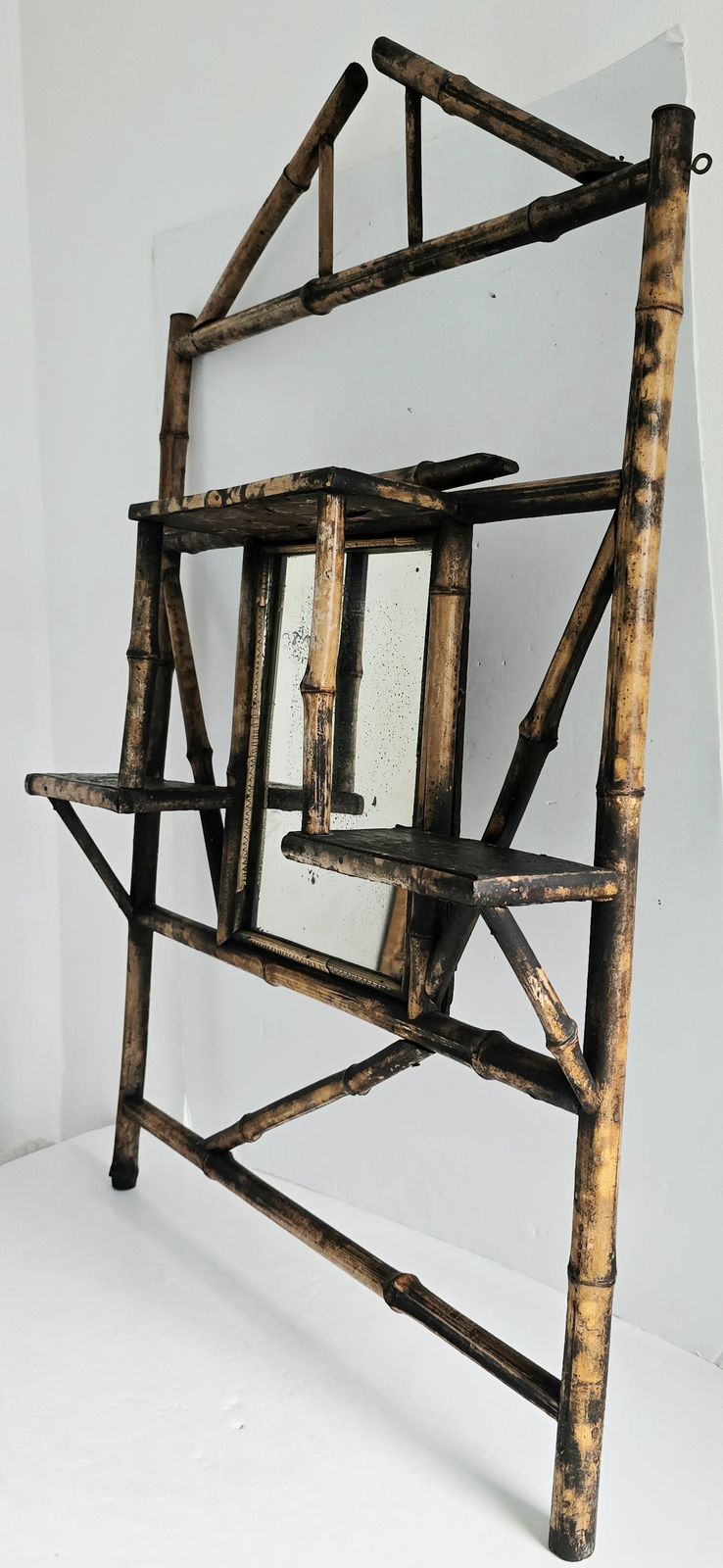 Antique Chinoiserie Bamboo Mantle Mirror With Shelves, Foxed Glass. photo buy