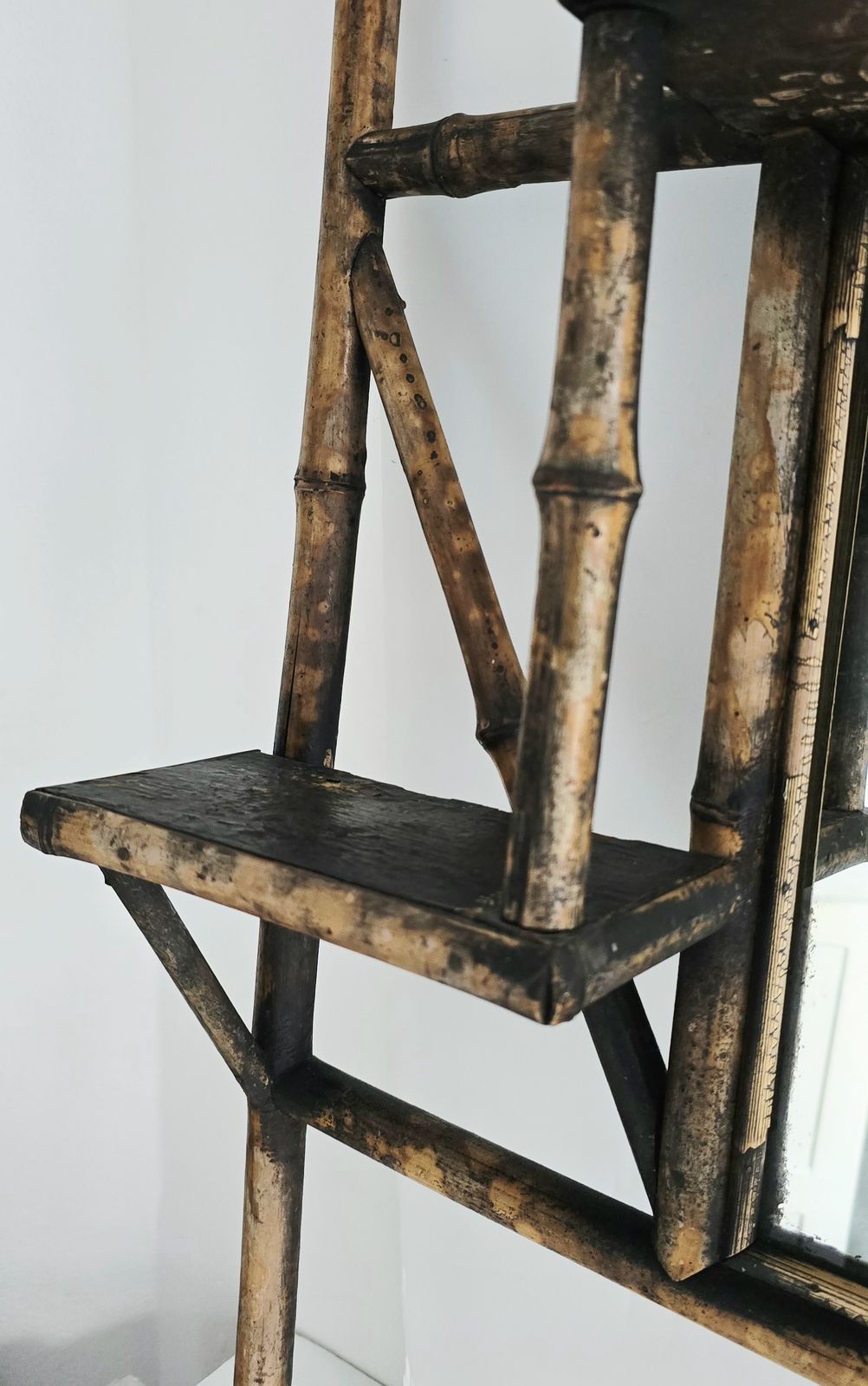 photo for sale Antique Chinoiserie Bamboo Mantle Mirror With Shelves, Foxed Glass.
