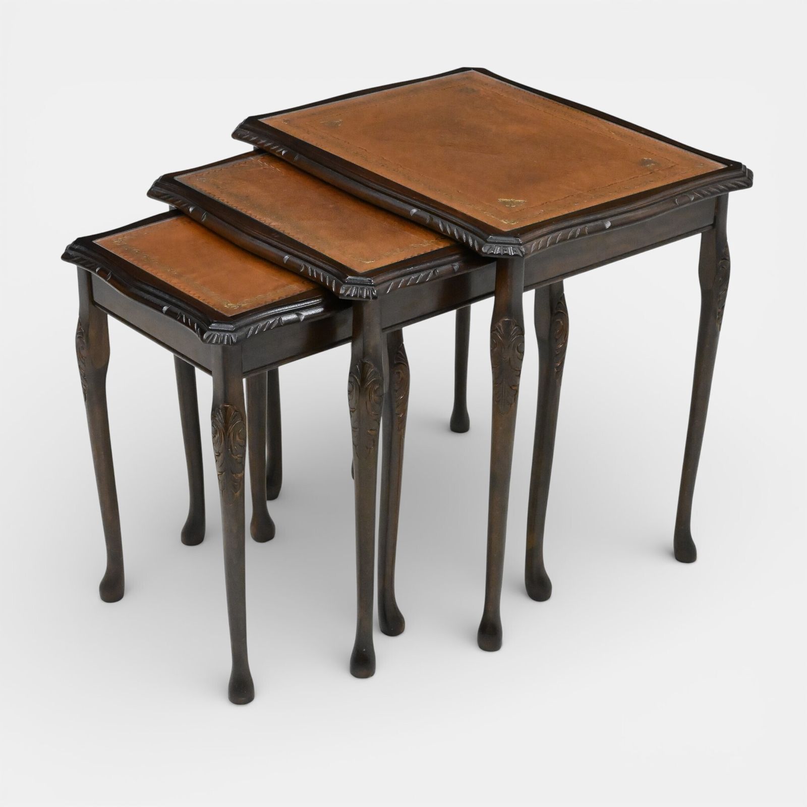 Tall Nest Of Tables Queen Anne Cabriole Legs Leather Glass Top Free Uk* Delivery photo Furniture