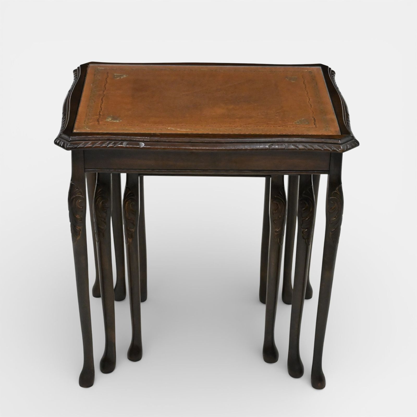 Tall Nest Of Tables Queen Anne Cabriole Legs Leather Glass Top Free Uk* Delivery photo 167.0