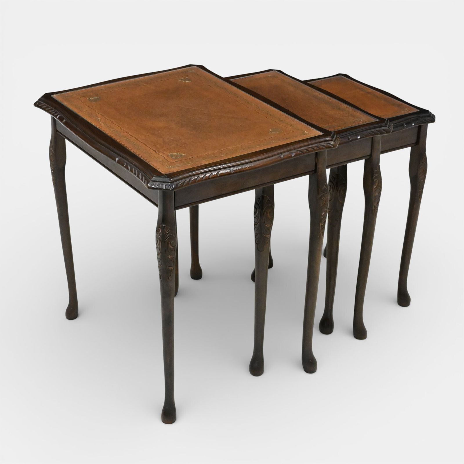 Tall Nest Of Tables Queen Anne Cabriole Legs Leather Glass Top Free Uk* Delivery photo buy