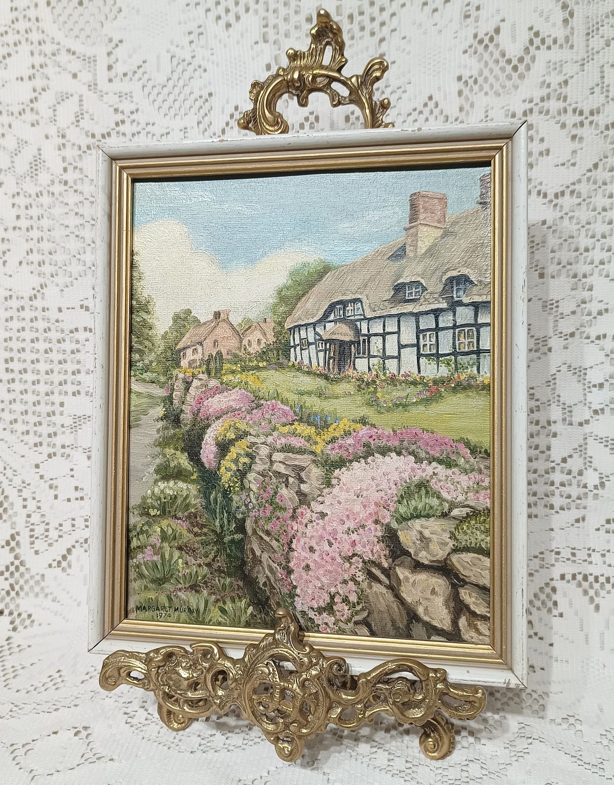 1970 Oil Painting Tudor Cottages Garden In Bloom Signed Margaret Murray. photo furniture