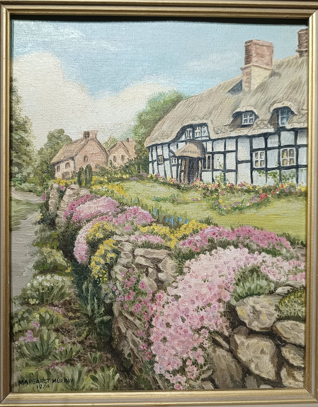 1970 Oil Painting Tudor Cottages Garden In Bloom Signed Margaret Murray. photo for sale