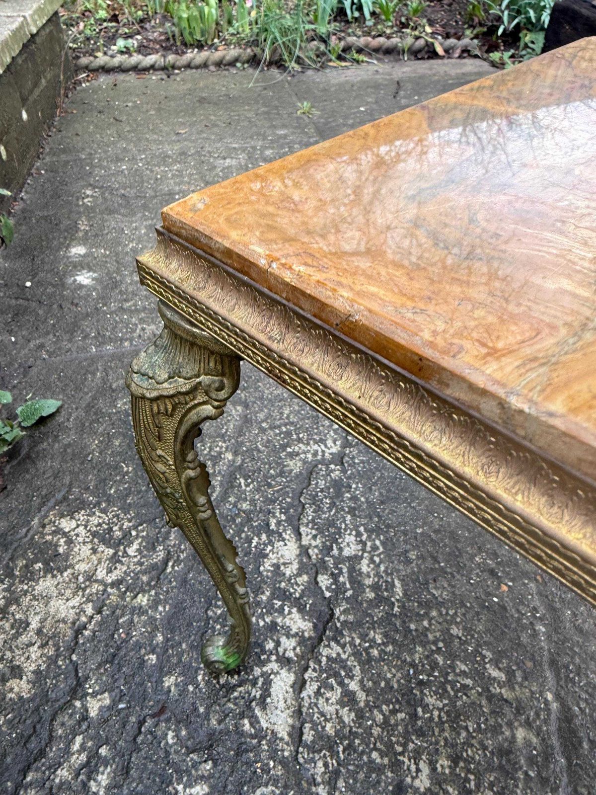 photo furniture Authentic Retro Brass Detailed Side Table With Marble Onyx Top Retro Neoclassical Style