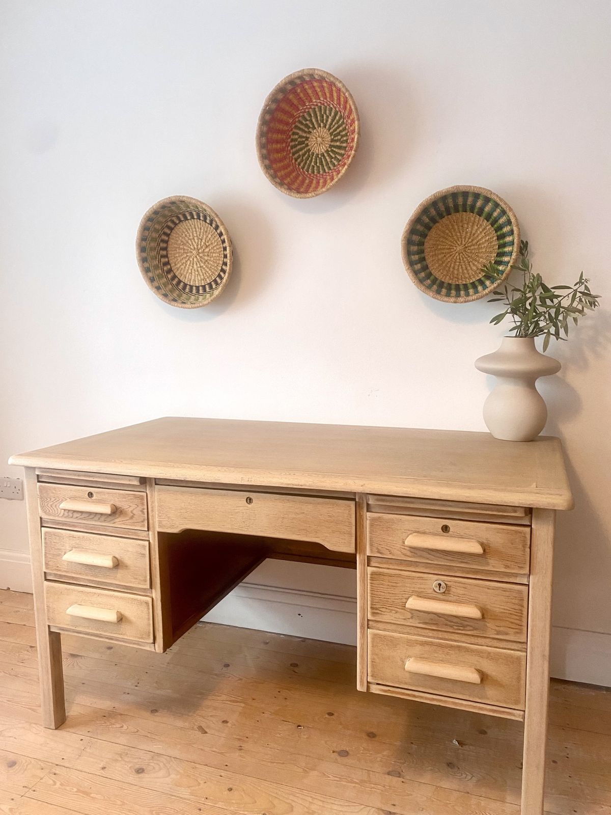 Vintage Solid Wood Desk | Refurbished & Refinished In Light Oak