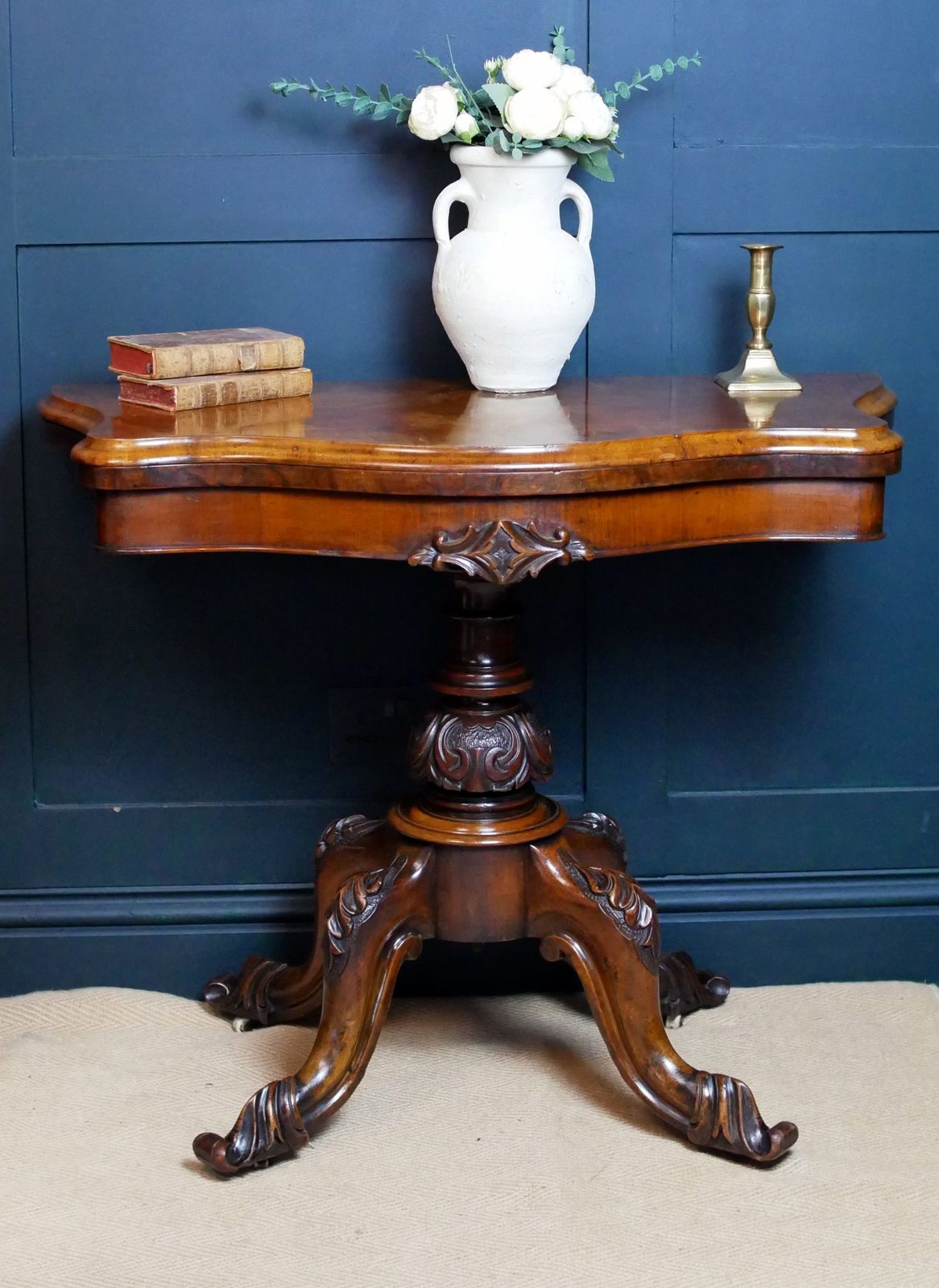 Victorian Serpentine Burr Walnut Console Hall Side Games Table photo for sale