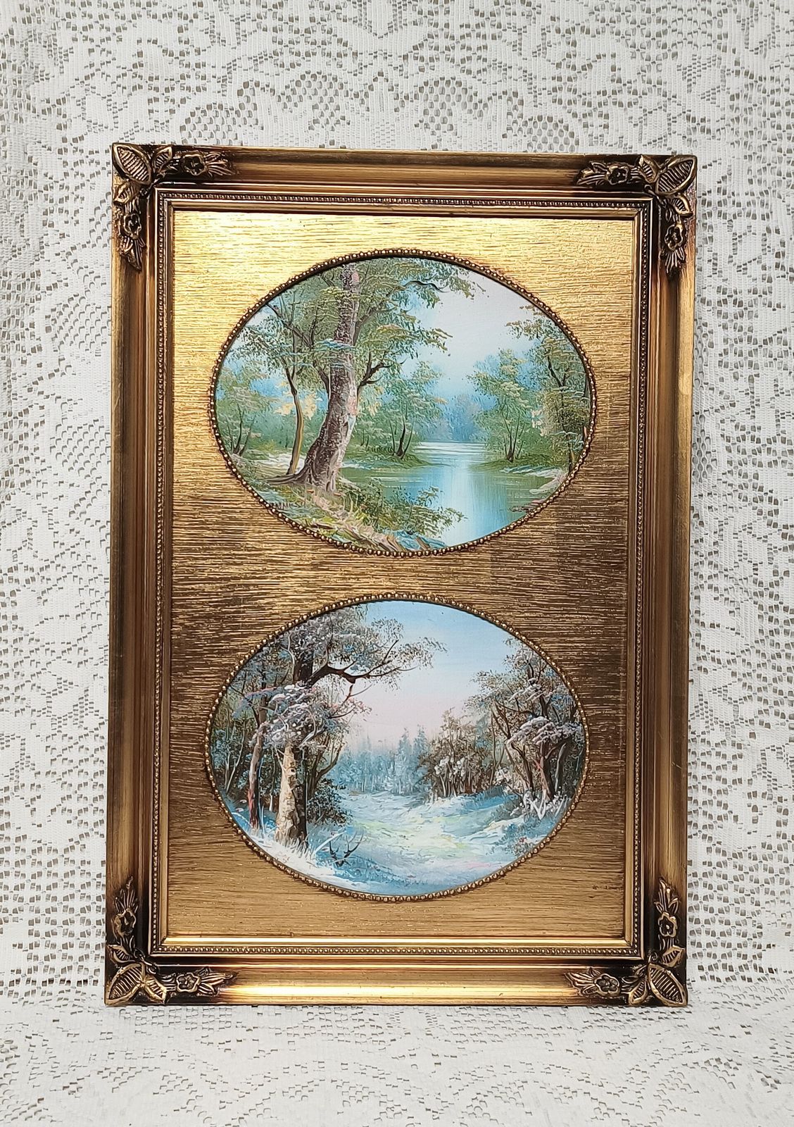 Decorative Oil Paintings Forest Summer And Winter Snow Scene Framed Gold Gilded Frame. photo for sale