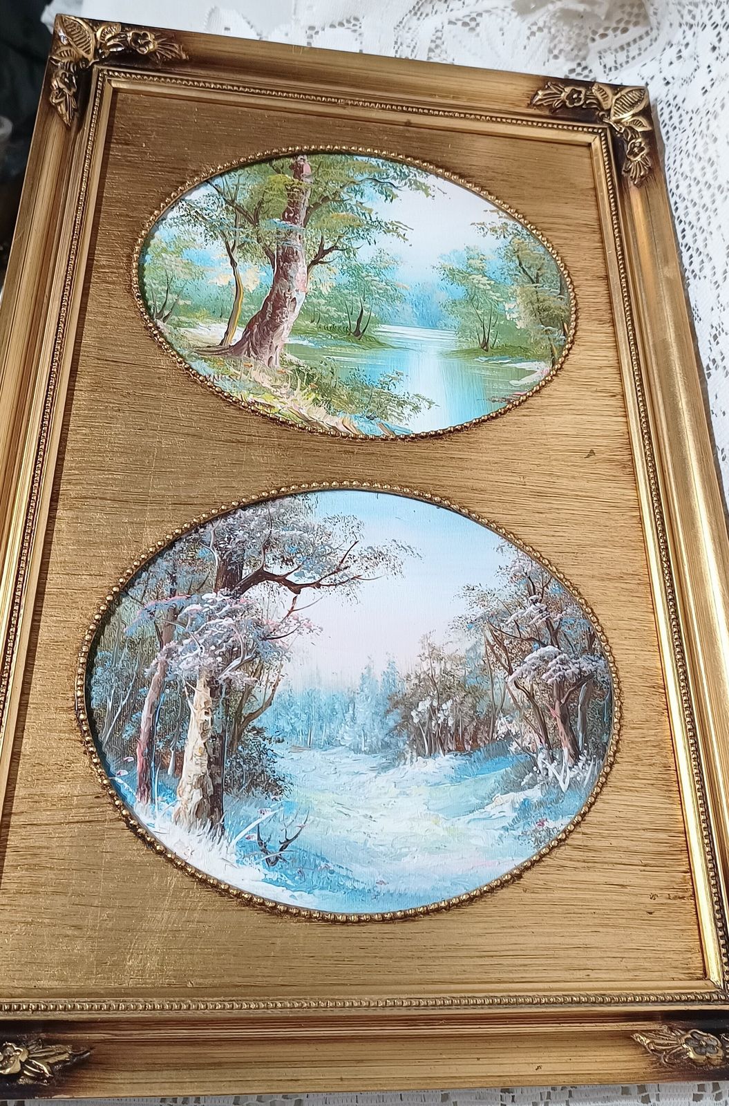 Decorative Oil Paintings Forest Summer And Winter Snow Scene Framed Gold Gilded Frame. photo vinterior