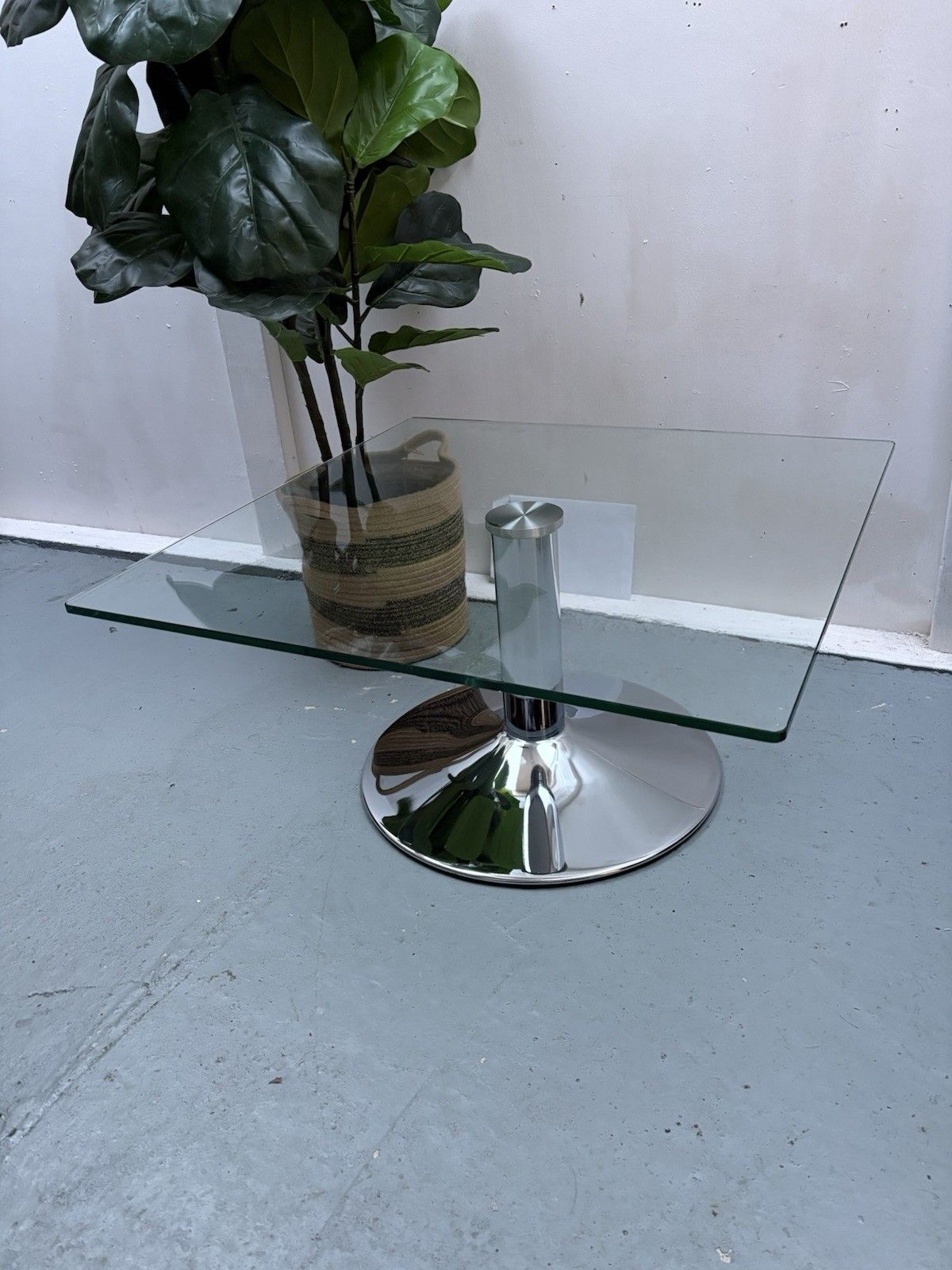 Contemporary Square Glass Top Chrome Trumpet Knee Coffee Table photo vintage
