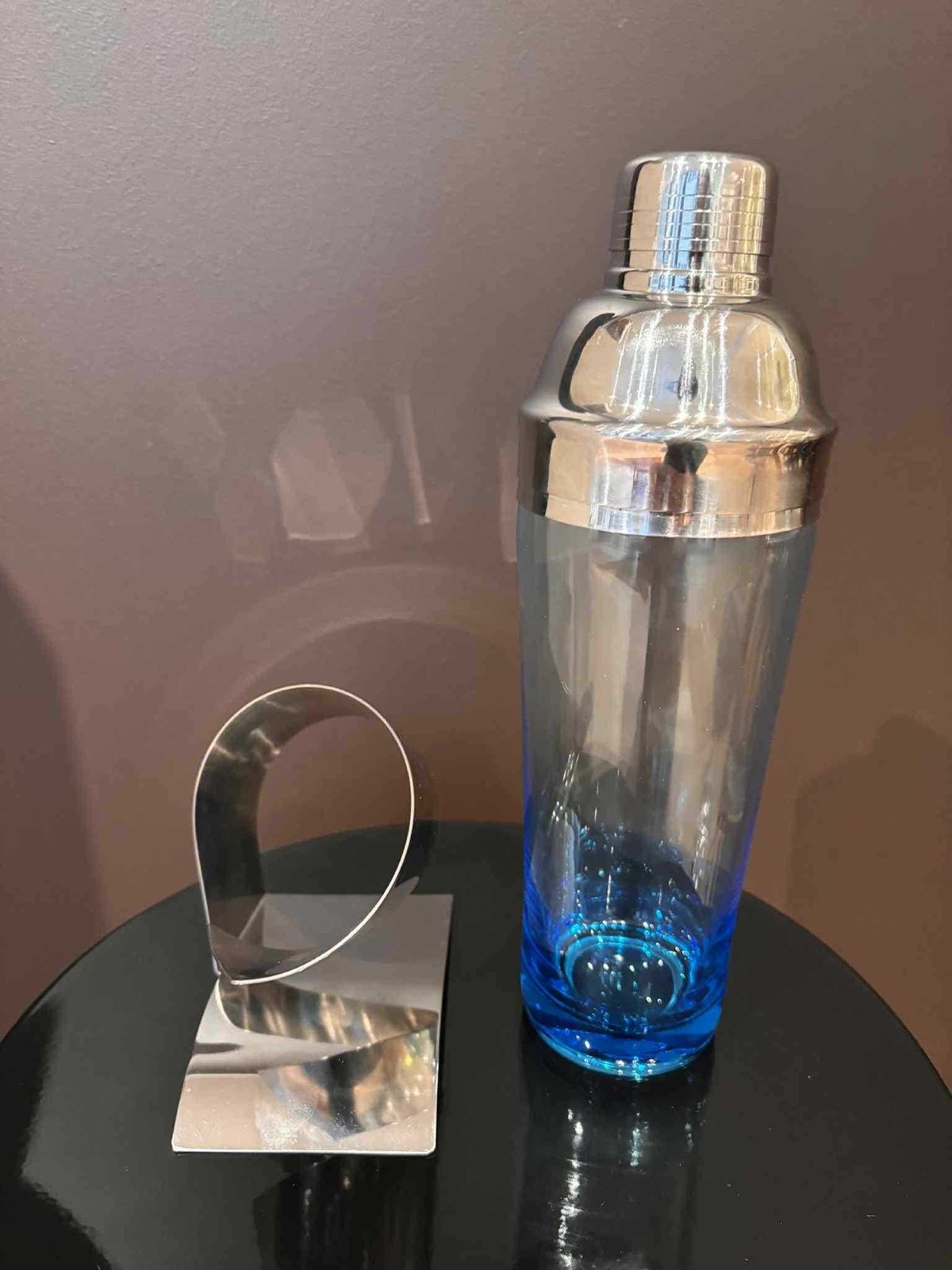 Vintage Blue Glass Cocktail Shaker With Stainless Steel Holder, Modernist Bar Decor photo furniture