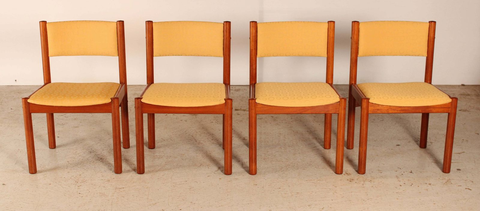 Set Of 4 Danish Mid Century Teak Dining Chairs With Yellow Fabric Upholstery, Circa 1970s