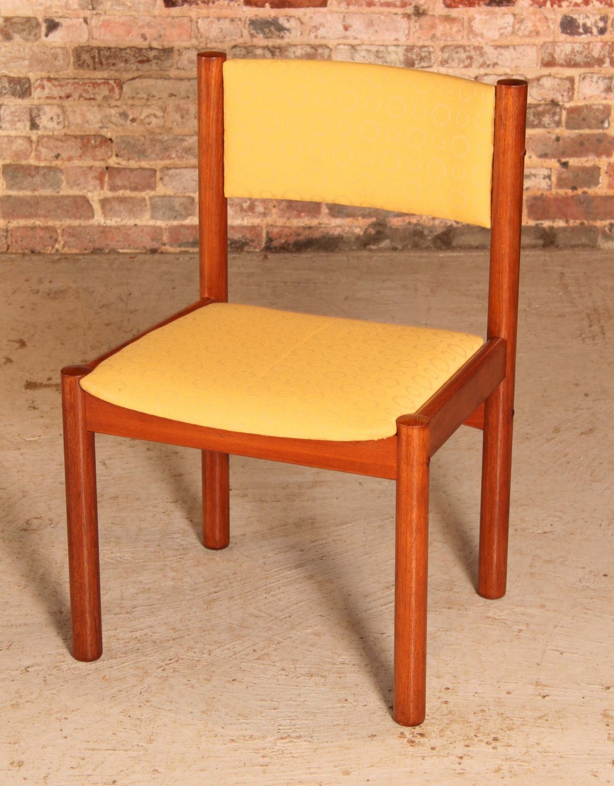 Set Of 4 Danish Mid Century Teak Dining Chairs With Yellow Fabric Upholstery, Circa 1970s photo buy