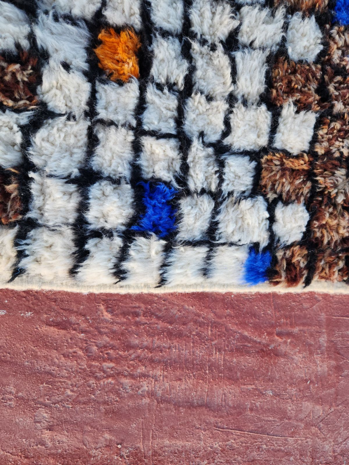 Abstract Moroccan Beni Ourain Rug   300x200cm   Blue, Brown & Orange Wool photo furniture